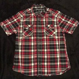 Red and black plaid pearl snap buckle shirt